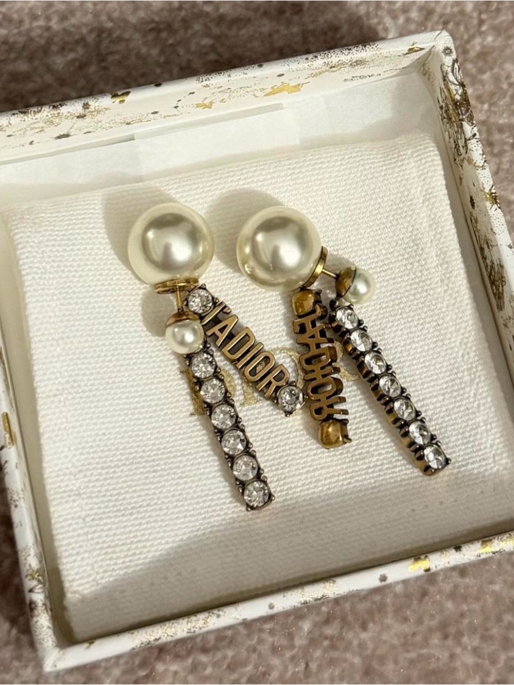 Dior Pearl and Gold Logo Drop Earrings with Crystal Bars